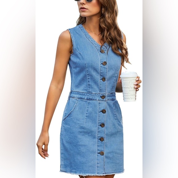 Blue Denim Overall Dress with V-Neckline - Picture 3 of 5